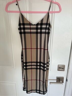 Sabora Beige Plaid Slip Dress with Thin Straps
